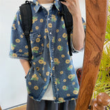 Vintage Daisy Print Distressed Denim Short Sleeve Shirt