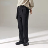 Men's Wide Leg Casual Trousers, British Style Drape Straight Leg Pants with Belt, Loose Fit