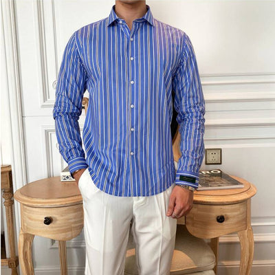 Men's Lapel Long Sleeve Business Vintage Slim Striped Shirt