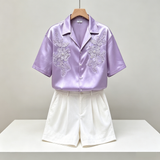 Satin Jacquard Short-Sleeve Shirt with Pearl Embroidery and Cuban Collar