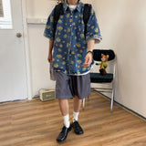 Vintage Daisy Print Distressed Denim Short Sleeve Shirt