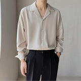 Men's British Cuban Collar Solid Color Long Sleeve Casual Shirt