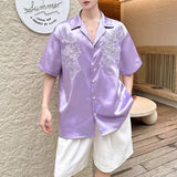 Satin Jacquard Short-Sleeve Shirt with Pearl Embroidery and Cuban Collar