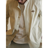 Mens Retro Stand Collar Vertical Pinstripe Long Sleeve Shirt
