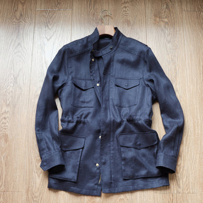 Men's Summer 100% Linen Trench Jacket, Herringbone Unstructured Lightweight Coat, Spring Overcoat