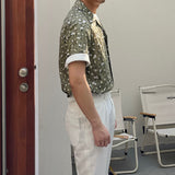 Mens Summer Cuban Collar Retro Short-sleeved Floral Shirt