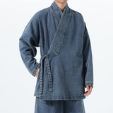 Vintage Washed Denim Cross Front Kimono Coat Harem Pants Two-piece set