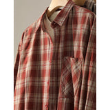 Cotton Color-blocked Plaid Shirt with Turn-down Collar
