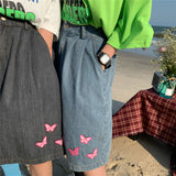 Vintage Washed Butterfly Embroidered Denim Lounge Shorts