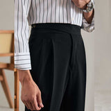 Men's High Waist Business Trousers, Retro Straight Leg Dress Pants, Vintage Style Formal Chinos