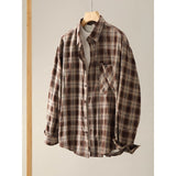 Cotton Color-blocked Plaid Shirt with Turn-down Collar
