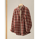 Cotton Color-blocked Plaid Shirt with Turn-down Collar