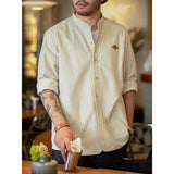 Mens Retro Stand Collar Vertical Pinstripe Long Sleeve Shirt