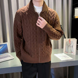 Mens Solid Color Zipper Green Fruit Collar Twisted Sweater