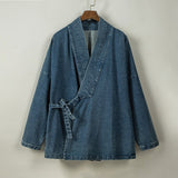 Vintage Washed Denim Cross Front Kimono Coat Harem Pants Two-piece set
