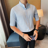 Stand Collar Half Sleeve Striped Slim Business Casual Shirt