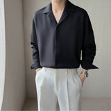 Men's British Cuban Collar Solid Color Long Sleeve Casual Shirt