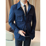 Men’s Cotton Canvas Multi-pocket Cargo Jacket, Rugged Casual Lapel Workwear Coat