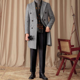 Mid-Length Double-Breasted Wool Blend Herringbone Coat