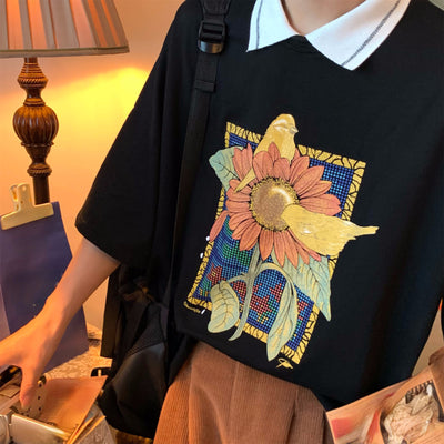 Vintage Sunflower Polo Collar Short Sleeves