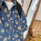 Vintage Daisy Print Distressed Denim Short Sleeve Shirt