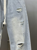 American Drawstring Ripped Denim Harem Wide-leg Pants