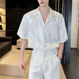 Satin Jacquard Short-Sleeve Shirt with Pearl Embroidery and Cuban Collar