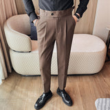 Mens Solid Color High Waist Pants Solid Color Slim Fit Trousers