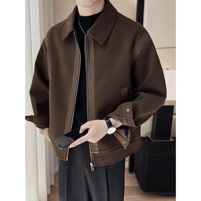 Casual Wool And Leather Patchwork Warm And Thick Woolen Autumn And Winter Lapel Jacket