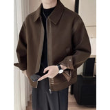 Casual Wool And Leather Patchwork Warm And Thick Woolen Autumn And Winter Lapel Jacket