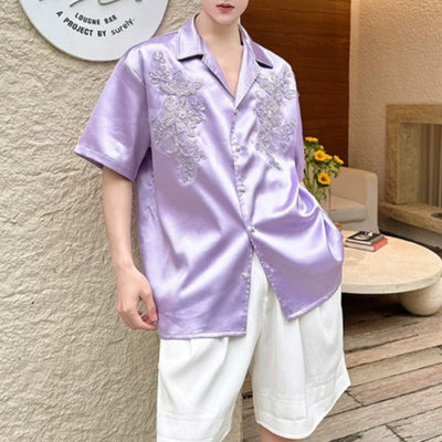 Satin Jacquard Short-Sleeve Shirt with Pearl Embroidery and Cuban Collar