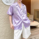 Satin Jacquard Short-Sleeve Shirt with Pearl Embroidery and Cuban Collar
