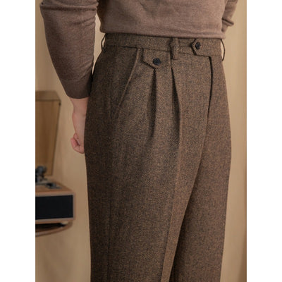 Italian Retro British Style Wool Herringbone Trousers