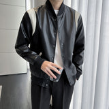 Men's Black and White Stitching Contrast Color Leather Jacket