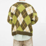 Men Green Rhombus Long Sleeve Short Knit Cardigan