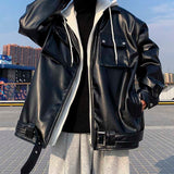 Japanese Fake Two-piece Stitching Hooded Thickened PU Leather Jacket