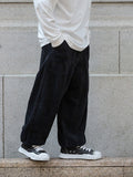 Men Japanese Casual Adjustable Drawstring Straight Wide Leg Corduroy Cargo Pants