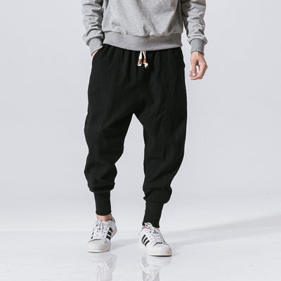Men's Linen Harem Pants, Wide Leg Baggy Drop Crotch Trousers, Loose Fit Summer Beach Pants