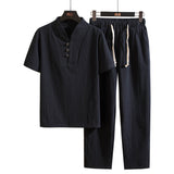 Men's Summer Cotton and Linen Suit Short-sleeved T-shirt and Trousers