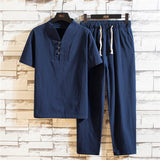 Men's Summer Cotton and Linen Suit Short-sleeved T-shirt and Trousers