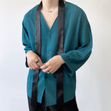 Men's Casual Pleated Tie Decorative V-neck Three-quarter Sleeves Shirt