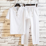 Men's Summer Cotton and Linen Suit Short-sleeved T-shirt and Trousers