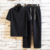 Men's Summer Cotton and Linen Suit Short-sleeved T-shirt and Trousers