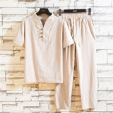 Men's Summer Cotton and Linen Suit Short-sleeved T-shirt and Trousers