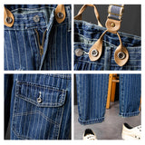 Men's British Casual Striped Cargo Denim Jeans With Y-Back Removable Suspenders