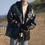 Japanese Fake Two-piece Stitching Hooded Thickened PU Leather Jacket