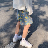 Summer Casual Loose Daisy Print Straight Denim Shorts