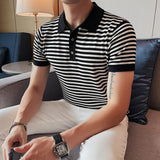 Men's Short Sleeve Polo Stripe Slim Fit Knit T-Shirt