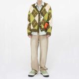 Men Green Rhombus Long Sleeve Short Knit Cardigan