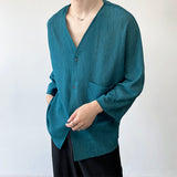 Men's Casual Pleated Tie Decorative V-neck Three-quarter Sleeves Shirt
